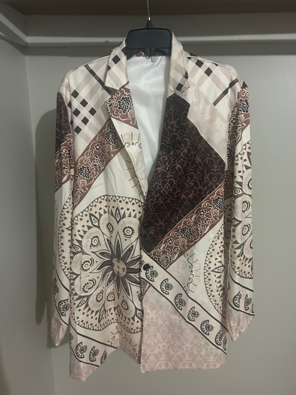 Printed Bandana Patchwork Blazer in Cream and Brown